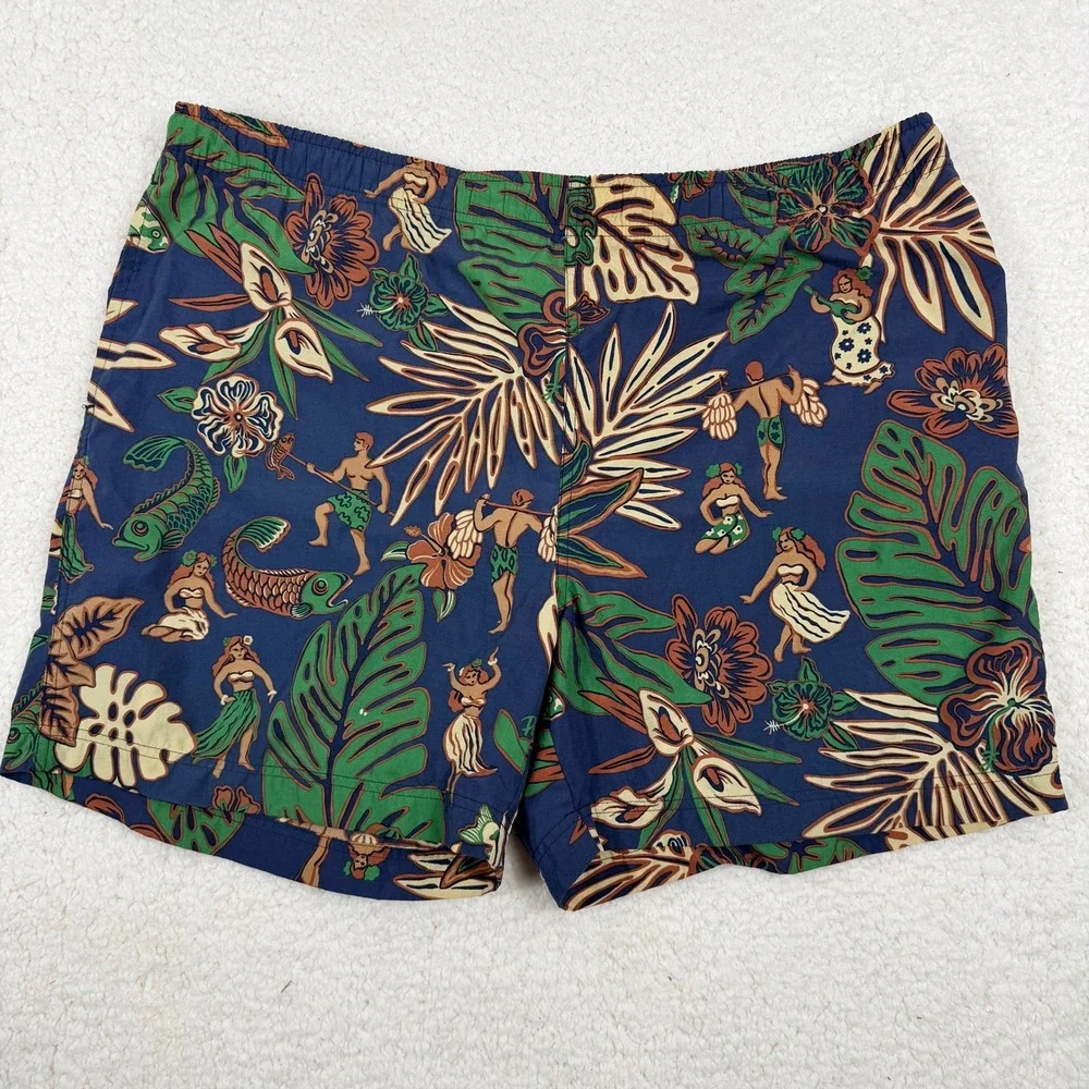 Polo Sport Ralph Lauren Vintage XL Hawaiian Hula Print Swim Trunks Navy Blue 90s